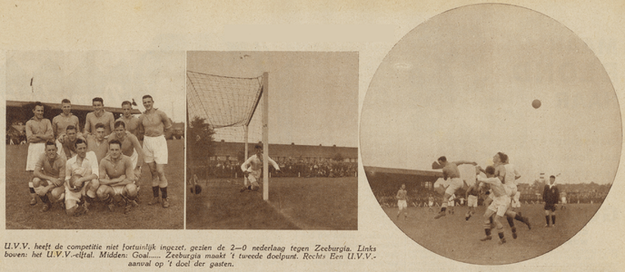 874486 Collage van 3 foto's betreffende de voetbalwedstrijd tussen U.V.V. (Utrecht) en Zeeburgia (Amsterdam), op het ...